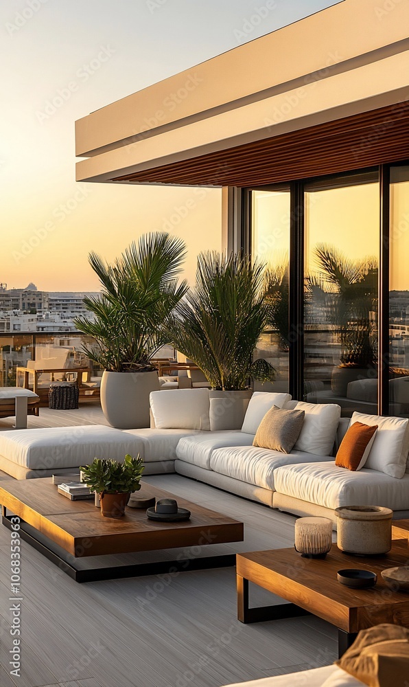 Obraz premium Modern rooftop terrace with white sectional sofa, wooden coffee table, and potted plants.