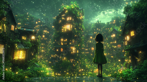 A girl stands in the middle of a city with bright lights.