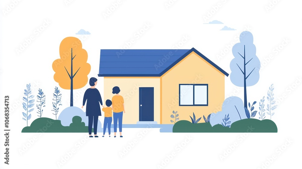 Dream Home Achieved: Loving Parents and Child Admiring Cozy House from Behind, Family Happiness Concept