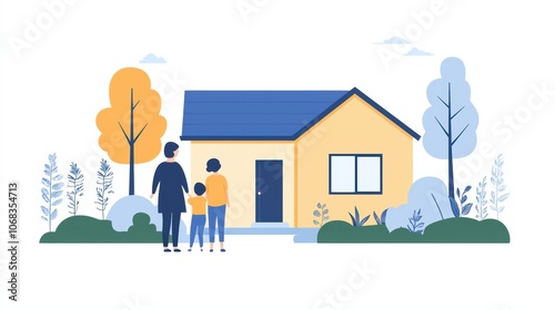 Dream Home Achieved: Loving Parents and Child Admiring Cozy House from Behind, Family Happiness Concept