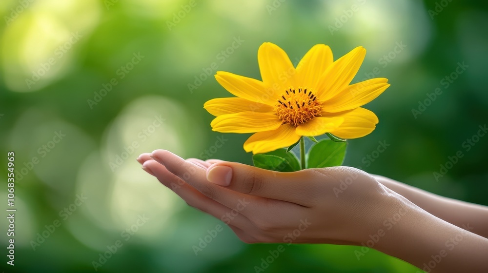 Hands gently holding a yellow flower. Perfect for illustrating kindness, hope, and new beginnings. Hands gently holding a yellow flower. Perfect for illustrating kindness, hope, and new beginnings.