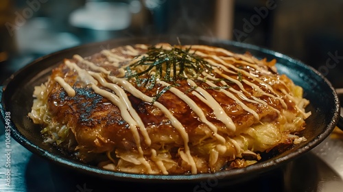 A serving of okonomiyaki, a savory Japanese pancake filled with cabbage, pork, and drizzled with mayonnaise and okonomiyaki sauce.