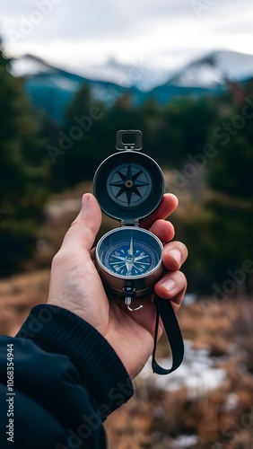 Hands holding a compass with a blurred mountain landscape in the background