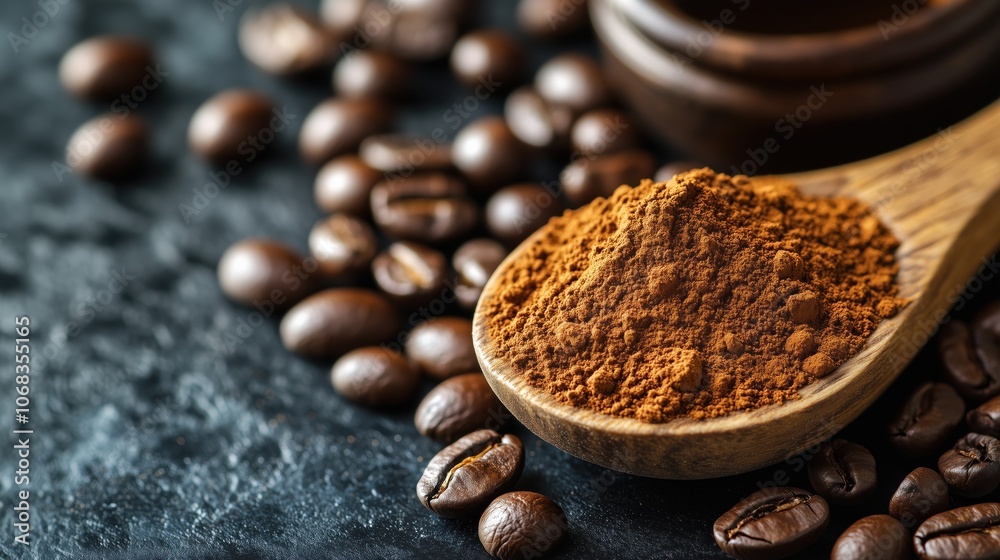 Wooden Spoon with Ground Coffee and Beans. Close-up of a wooden spoon filled with ground coffee, surrounded by scattered coffee beans on a dark textured background. Wooden Spoon with Ground Coffee and Beans. Close-up of a wooden spoon filled with ground coffee, surrounded by scattered coffee beans on a dark textured background.