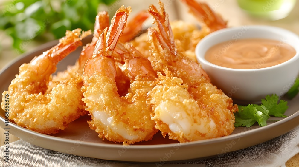 A serving of tempura shrimp, crispy and golden, served with a dipping sauce on the side.
A serving of tempura shrimp, crispy and golden, served with a dipping sauce on the side.