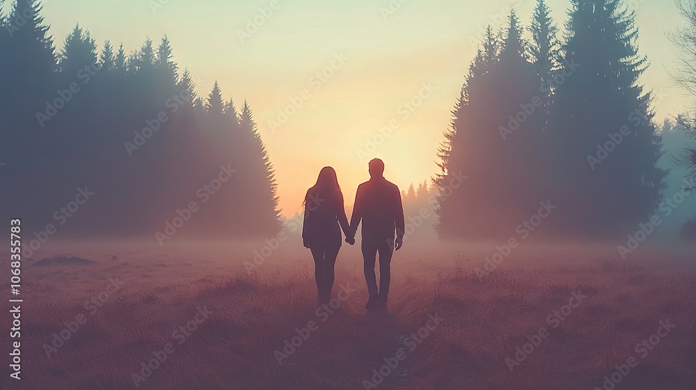 A couple walks hand-in-hand through a misty forest at sunset. A couple walks hand-in-hand through a misty forest at sunset.