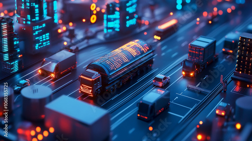 Cyber City Transportation: A mesmerizing 3D rendering of a futuristic cityscape with intricate circuitry, showcasing a fleet of sleek vehicles moving seamlessly through the neon-lit streets. photo