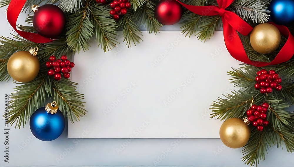 Festive Christmas background with fir branches ornaments and baubles in red and gold on a winter holiday theme