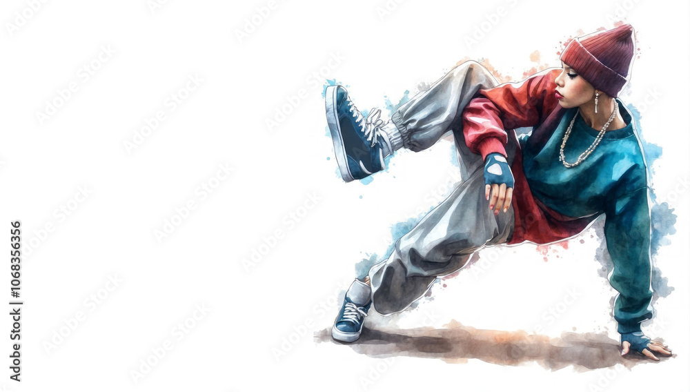 Watercolor illustration of a hip-hop and breakdance dancer girl in bright retro clothes from the 80s or 90s, on a white background Watercolor illustration of a hip-hop and breakdance dancer girl in bright retro clothes from the 80s or 90s, on a white background