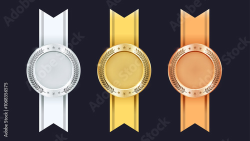 Realistic Gold, Silver, and Bronze Medals with Vertical Ribbons - 3D Award Seals for Labels, Certificates, and Badges. Vector.