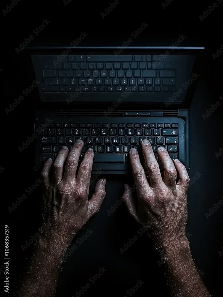 A pair of hands typing on a keyboard, illuminated by the dim glow of a computer screen displaying encrypted data, symbolizing the dark web. The composition allows for substantial copy space. A pair of hands typing on a keyboard, illuminated by the dim glow of a computer screen displaying encrypted data, symbolizing the dark web. The composition allows for substantial copy space.