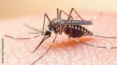 Intimate Encounter with an Aedes Mosquito on Skin, showcasing intricate details of the mosquito's features, highlighting its role in vector transmission of diseases. photo