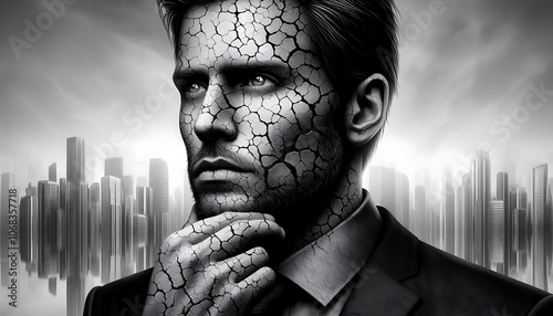 Businessman , Artificial Intelligence , Black and white , Looking to camera , Broken Businessman , Getting Rich, Making Money, How To, Lost Everything, How to Make Money, Cybersecurity, AI,4K, 3D, Cit
