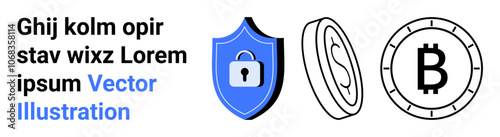 Blue shield with lock, two cryptocurrency coins, and sample text in black and blue. Ideal for security, finance, cryptocurrency, blockchain, technology, digital assets, cyber protection. Landing page