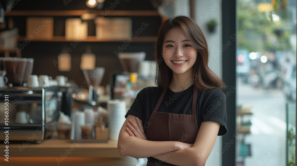 Friendly Barista in Stylish Café. Barista smiles warmly with arms crossed in a modern café, exuding confidence and professionalism, with coffee equipment in the background. Friendly Barista in Stylish Café. Barista smiles warmly with arms crossed in a modern café, exuding confidence and professionalism, with coffee equipment in the background.