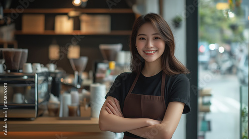 Friendly Barista in Stylish Café. Barista smiles warmly with arms crossed in a modern café, exuding confidence and professionalism, with coffee equipment in the background.