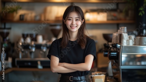 Happy Barista in Welcoming Café. Happy barista stands with arms crossed in a modern café, surrounded by coffee machines and supplies, creating a friendly and welcoming atmosphere.