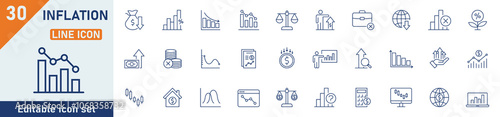 Inflation line icon set. Set of 30 outline icons related to crisis, economic, price increase, hyperinflation, inflation rate, investment, scarcity and others. Editable stroke. Vector illustration. photo