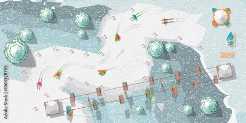 Top view of the ski resort. Snow-covered mountains, skiers, ski lift, benches, recreation area. View from above