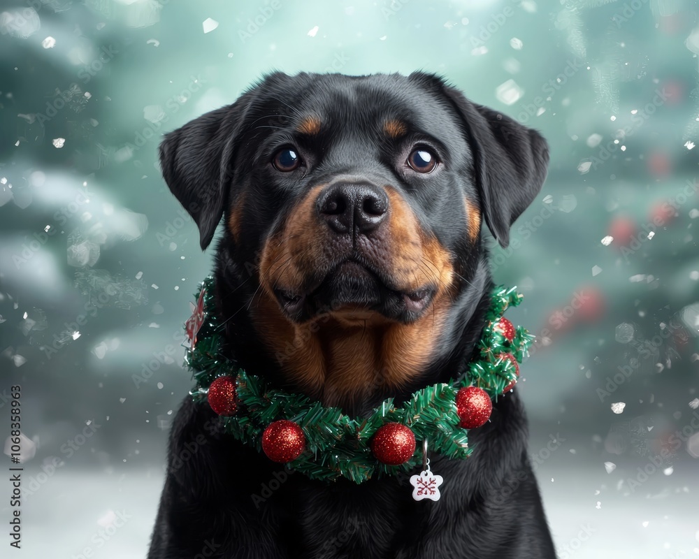 A Rottweiler with a Christmas-themed collar, posing in front of a winter forest scene. A Rottweiler with a Christmas-themed collar, posing in front of a winter forest scene.