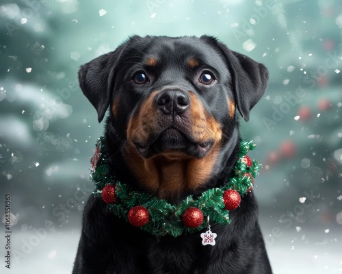 A Rottweiler with a Christmas-themed collar, posing in front of a winter forest scene. photo