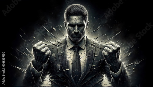 Businessman , Artificial Intelligence , Black and white , Looking to camera , Broken Businessman , Getting Rich, Making Money, How To, Lost Everything, How to Make Money, Cybersecurity, AI,4K, 3D, Cit