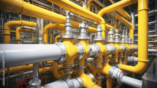 Yellow pipes network in an industrial facility photo