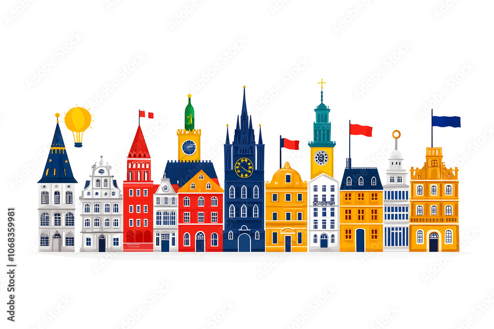 Fototapeta premium Famous European city landmarks, hand-drawn flat style illustration, isolated on white background