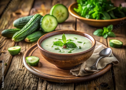 Vintage Style Photography of Refreshing Cucumber Soup with Mint Garnish in Rustic Bowl on Wooden Table Surrounded by Fresh Ingredients and Soft Natural Lighting for Culinary Appeal