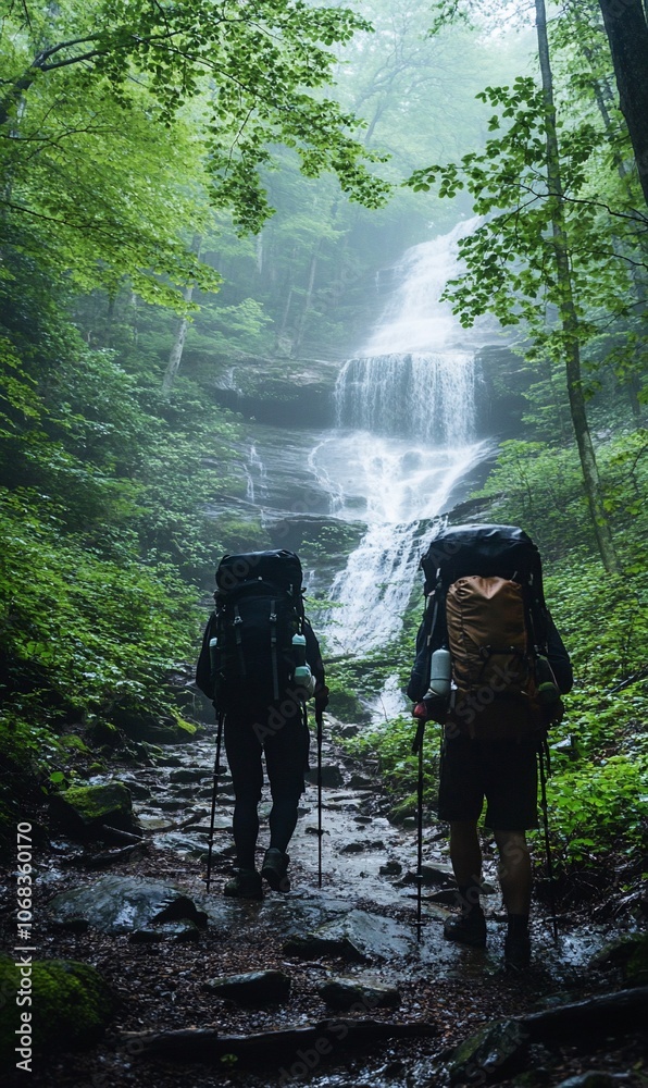 Two hikers with backpacks and trekking poles walk on a rocky path towards a misty waterfall in a lush forest. Two hikers with backpacks and trekking poles walk on a rocky path towards a misty waterfall in a lush forest.