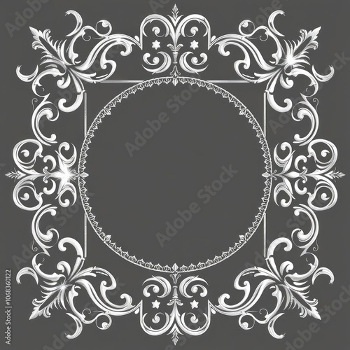 Ornate floral frame, Victorian style, white on gray background, symmetrical design, intricate scrollwork, circular central space, decorative corners, baroque elements, filigree details, monochromatic 