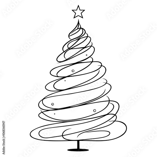 Minimalist Christmas tree with spiral design and a star on top, black and white outline.obe Illustrator Artwork