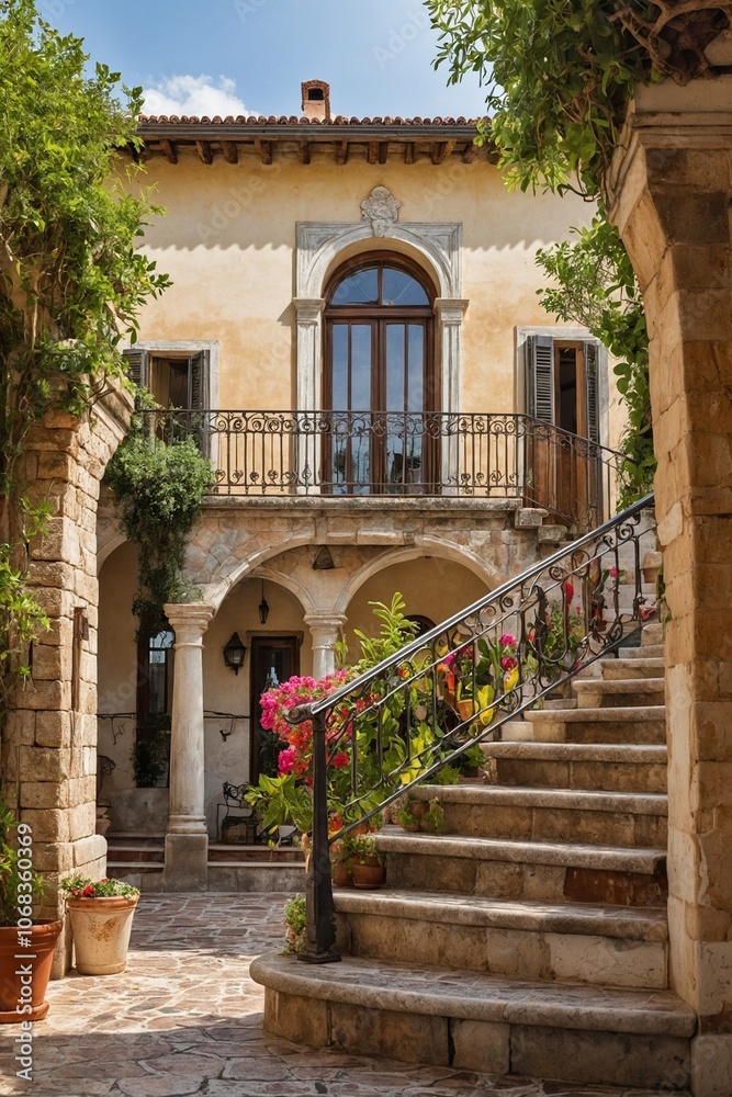 Fototapeta premium Italian Villa Exterior Elegant Italian Villa Courtyard with Stone Staircase and Arches