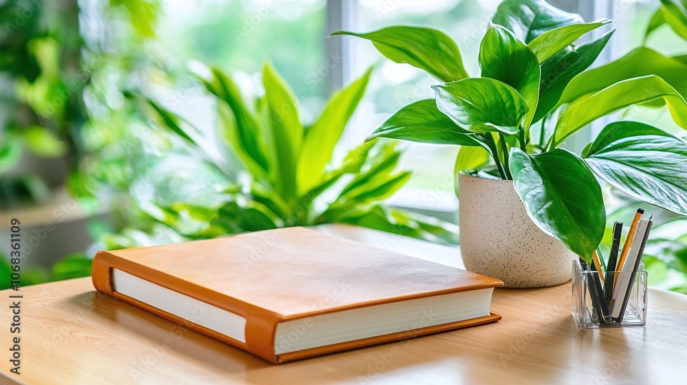 Book on a desk near a window. Book on a desk near a window.