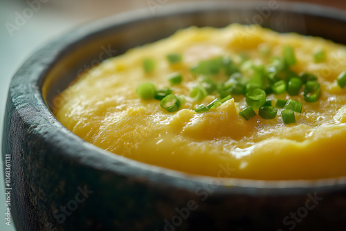 Korean gyeranjjim served in a stone pot: Fluffy steamed egg with a soft texture above the edge photo