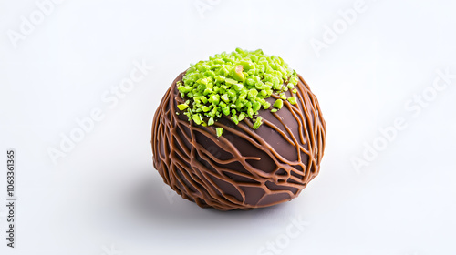 Dubai chocolate. Chocolate bar with green pistachio pasta and crunchy kadayif isolated on white background. photo