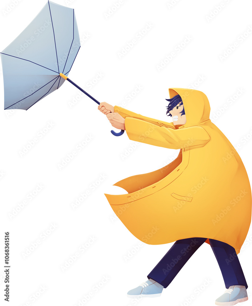 Fototapeta premium Boy with Umbrella Blown by the Wind Illustration