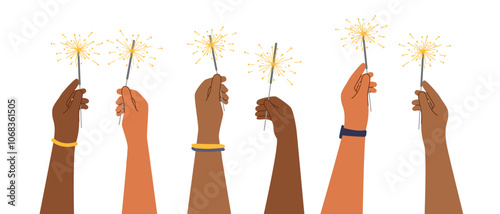 Human hands of different skin tones holding sparkles isolated on white background. Hands holding burning sparklers. Holiday party concept.