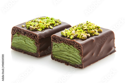 Dubai chocolate. Chocolate bar with green pistachio pasta and crunchy kadayif isolated on white background. photo