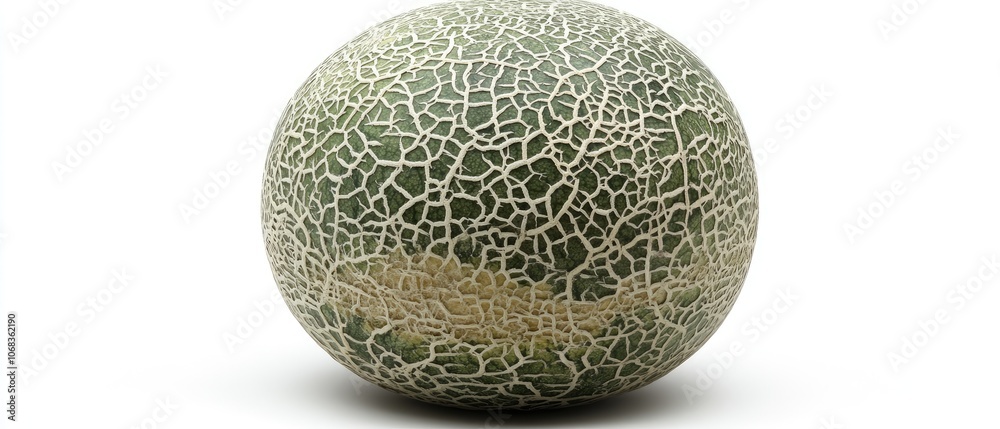 A whole, ripe cantaloupe melon with a green and yellow rind. A whole, ripe cantaloupe melon with a green and yellow rind.