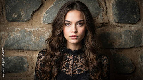 A young woman dressed in black in an old room, gothic atmosphere