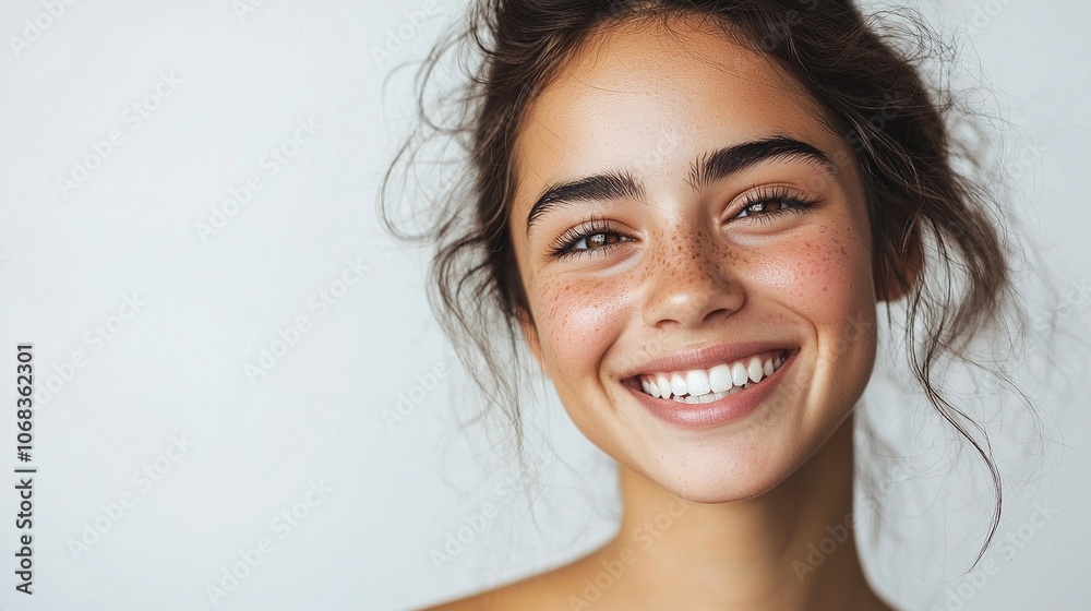 Joyful Young Woman with Freckles Smiling Brightly Joyful Young Woman with Freckles Smiling Brightly