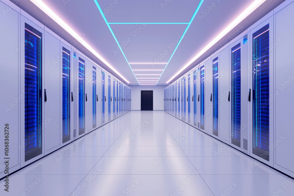 Fototapeta Modern data center with servers in a clean, bright environment.