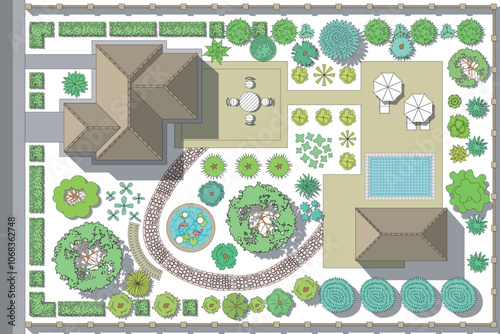 Top view of a country house with a garden, swimming pool, pond,  recreation area, stone path. The plan of the estate. View from above