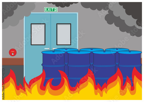 Fire case illustration inside building with exit door blocked by some barrel of fuel.