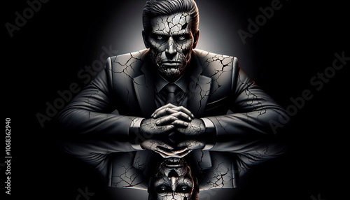 Businessman , Artificial Intelligence , Black and white , Looking to camera , Broken Businessman , Getting Rich, Making Money, How To, Lost Everything, How to Make Money, Cybersecurity, AI,4K, 3D, Cit