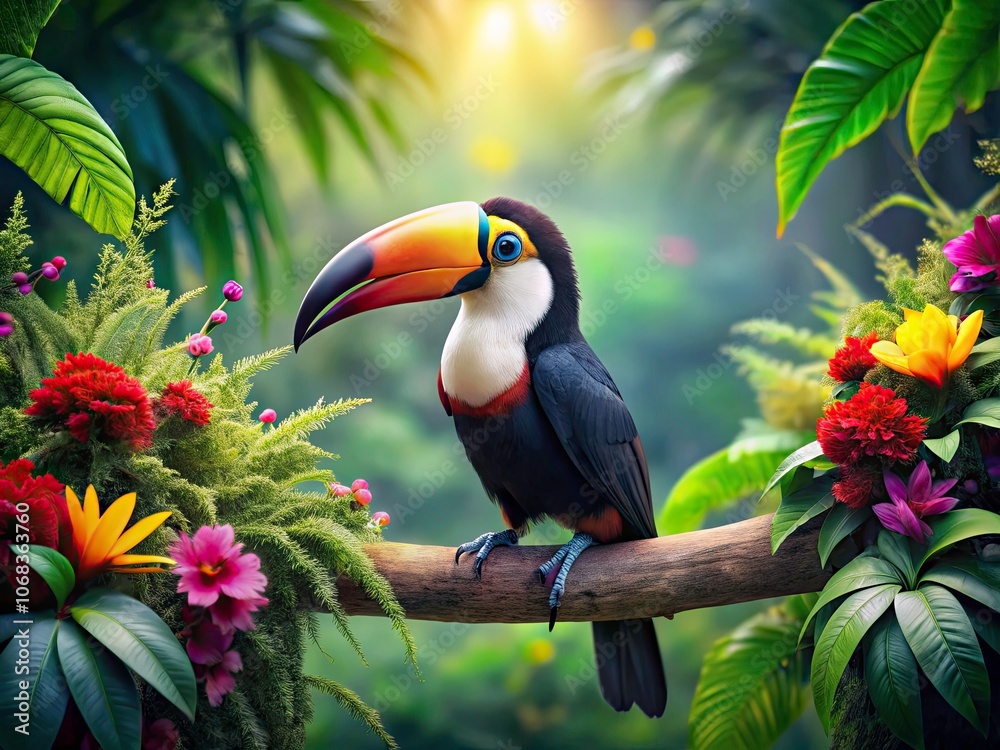 Fototapeta premium Colorful Toucan Wearing Headphones in a Lush Tropical Setting, Vibrant Wildlife Photography, Nature and Music Fusion, High Depth of Field, Exotic Bird Portrait, Creative Animal Art