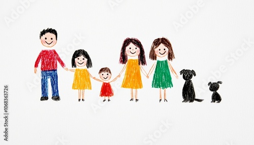 A crayon-drawn family portrait with parents, kids, and pets smiling, with simple stick figures and colorful outfits.