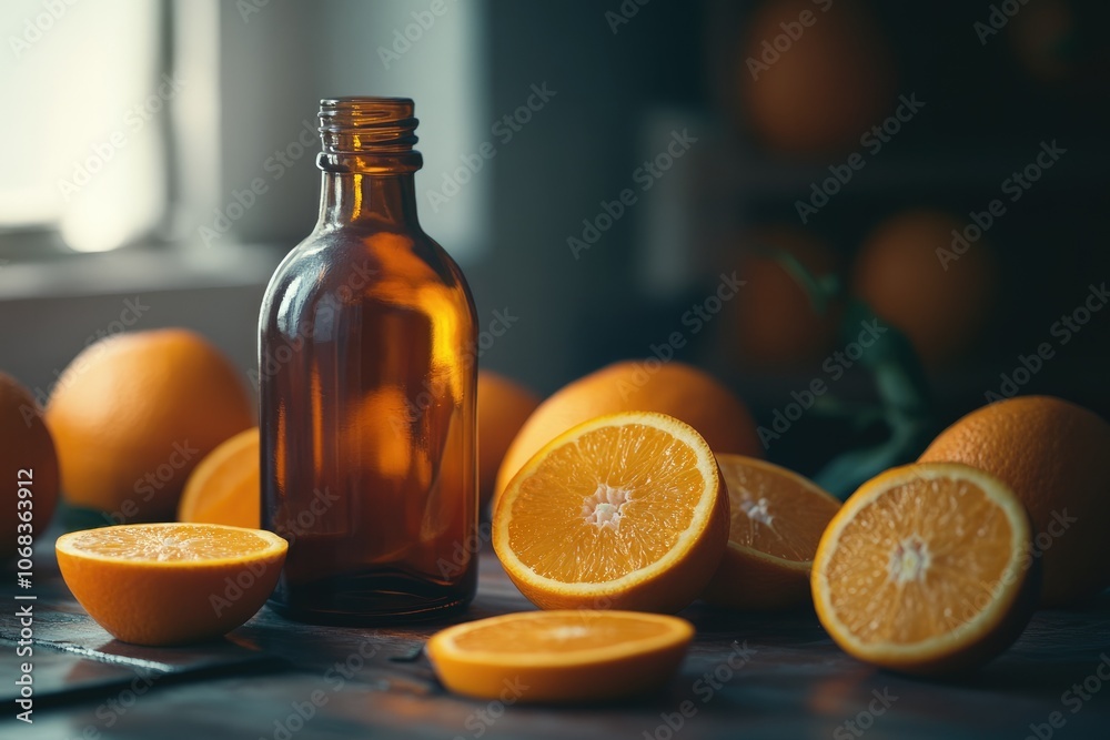 Amber Bottle Surrounded with Fresh Fruit for Mockup