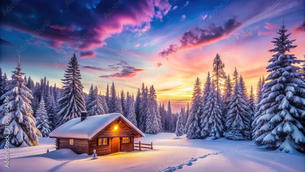 Cozy Cabin in Snowy Winter Wonderland: Serene Evening Sky, Frosty Pine Trees, Peaceful Retreat, Winter Escape, Tranquil Getaway, Snow-Covered Landscape, Rustic Charm, Nature's Beauty Cozy Cabin in Snowy Winter Wonderland: Serene Evening Sky, Frosty Pine Trees, Peaceful Retreat, Winter Escape, Tranquil Getaway, Snow-Covered Landscape, Rustic Charm, Nature's Beauty